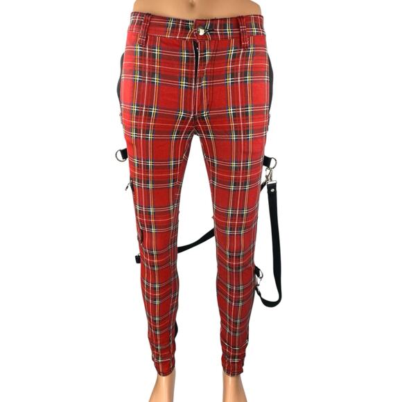 Tripp NYC Chaos Bondage Red Plaid Zipper Straps Skinny Trousers Pants Size 26 - Picture 1 of 5